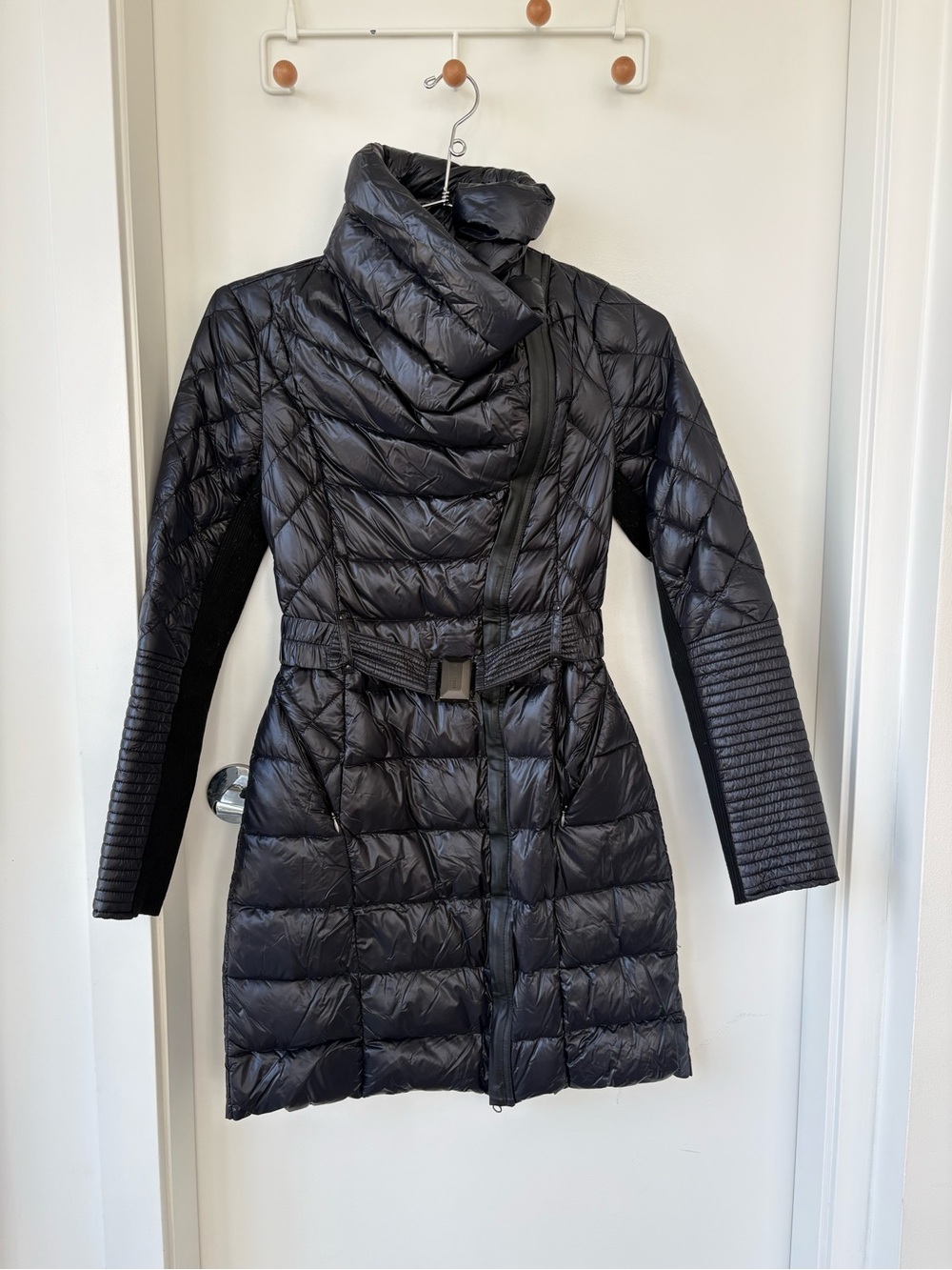 BCBGMaxAzria Black Quilted Long Puffer Coat with Funnel Neck Size XS
